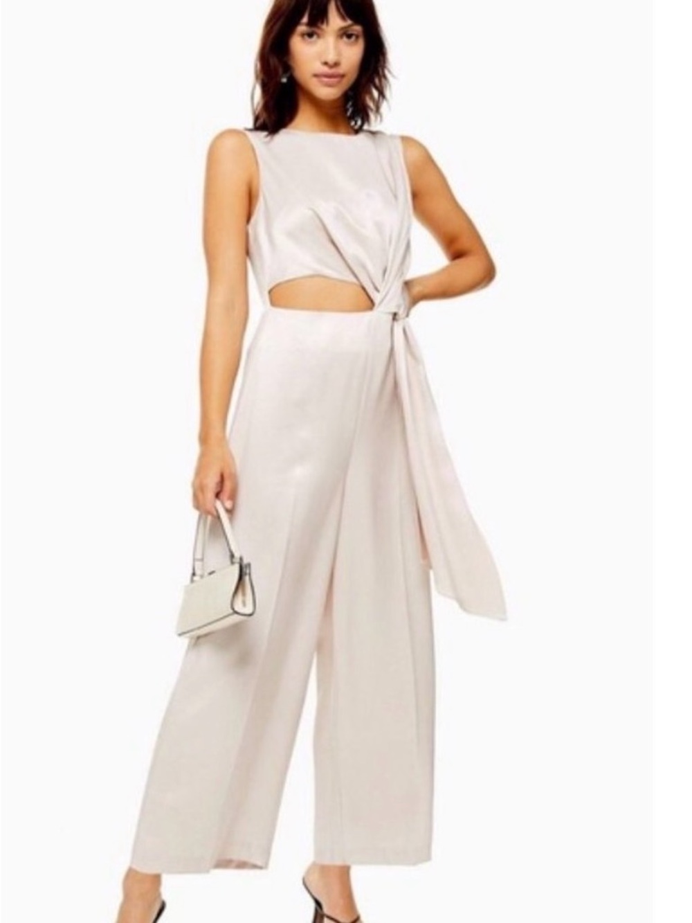 Never Worn Sleeveless Tie-Waist Wide-Leg Jumpsuit in Light Beige